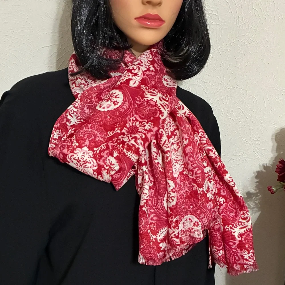 Red & White Baroque Floral Scarf Wrap – 27” x 72” Lightweight Fringe Shawl